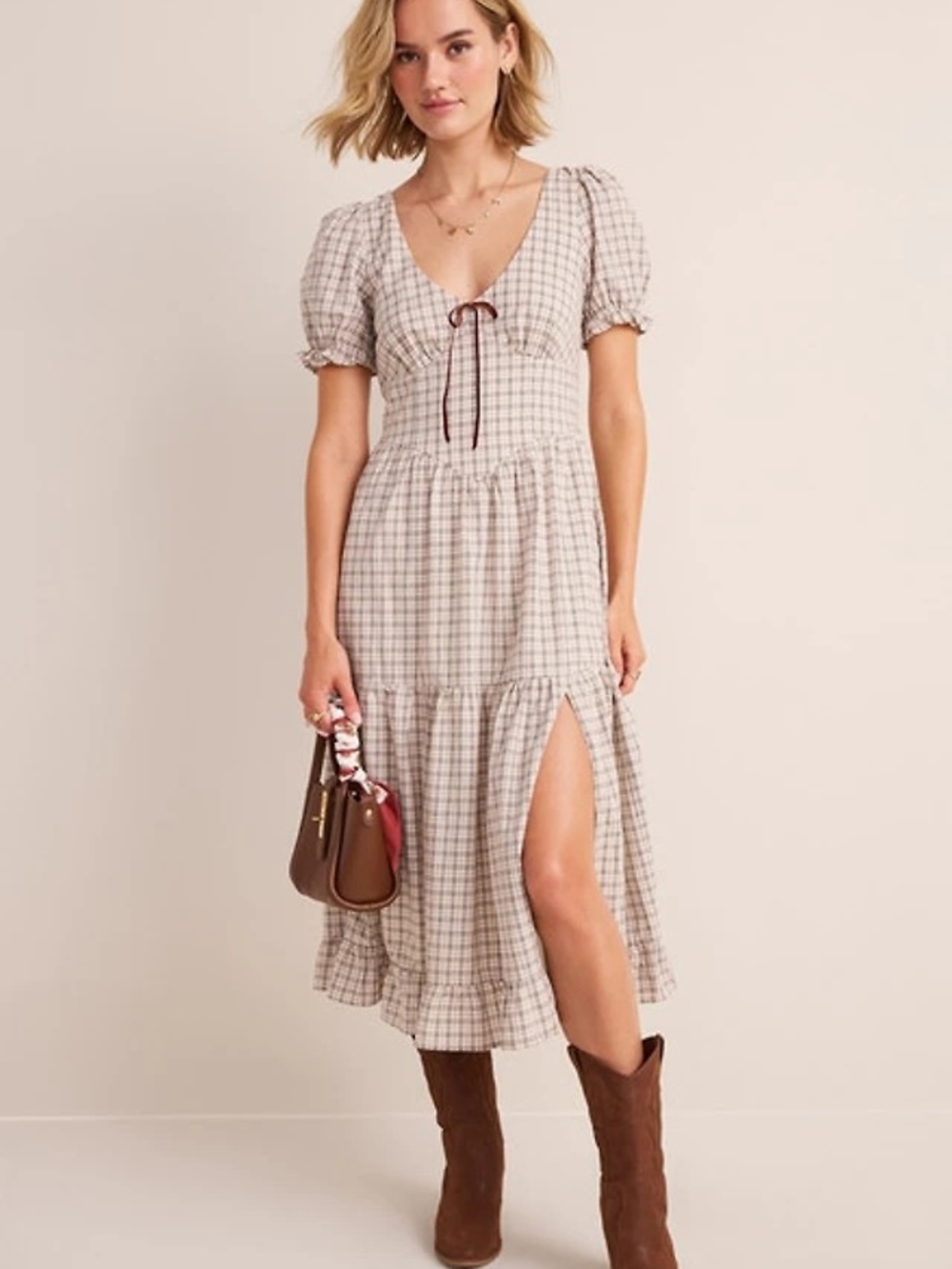 Francesca's Collections Cream and Beige Plaid Midi Dress
